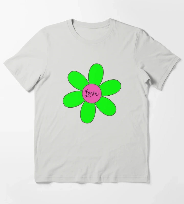 Sixties style daisy with love Pink and Green T-Shirt Light Grey