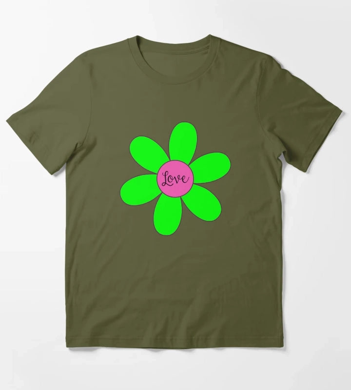 Sixties style daisy with love Pink and Green T-Shirt Olive Green
