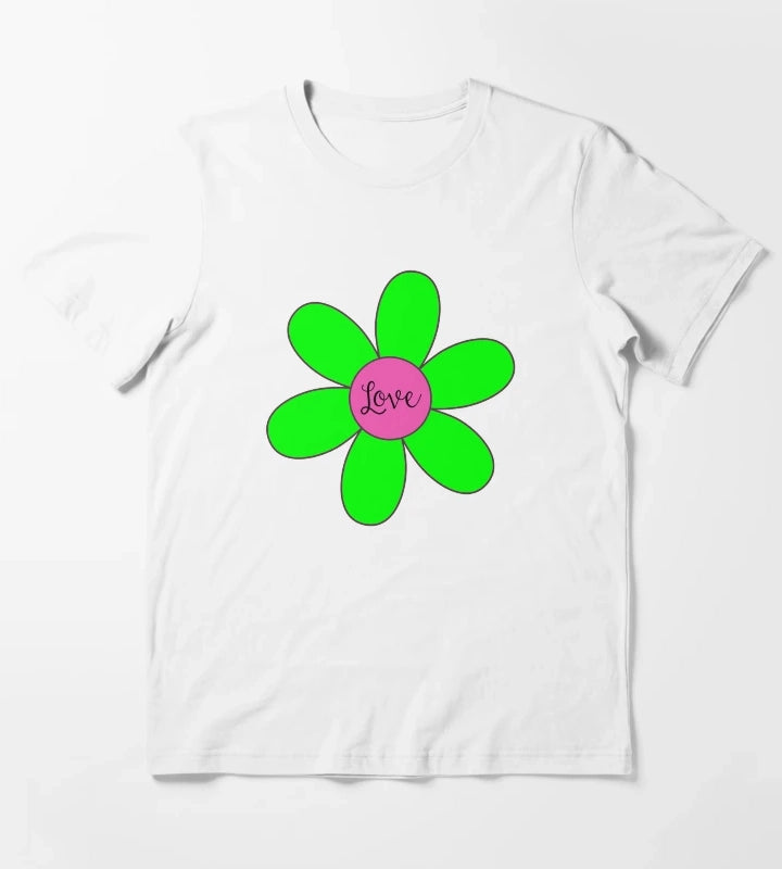 Sixties style daisy with love Pink and Green T-Shirt White