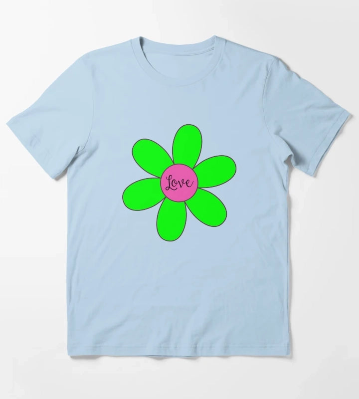 Sixties style daisy with love Pink and Green T-Shirt Sky Blue