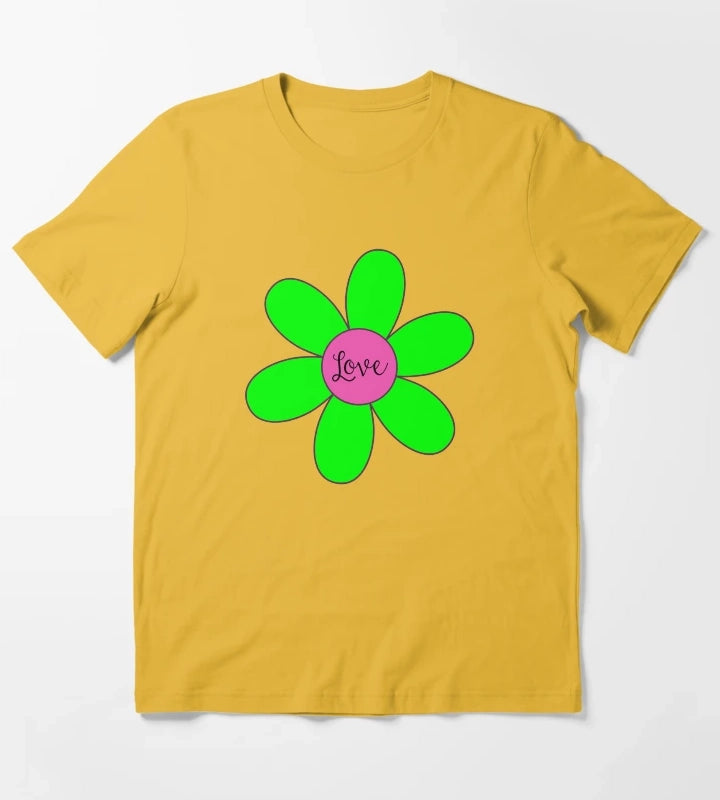 Sixties style daisy with love Pink and Green T-Shirt Yellow