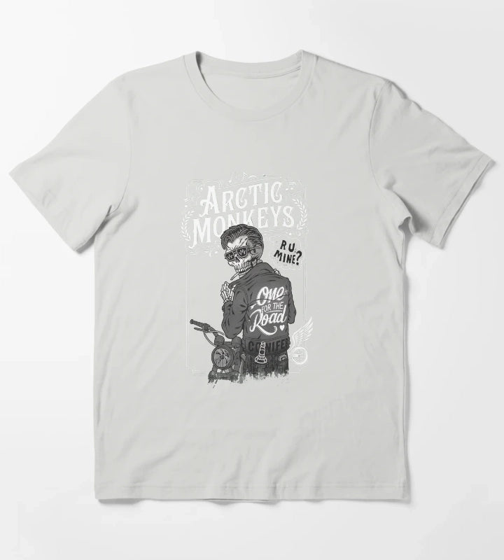Skeleton Biker Rock Band Song Quotes T-Shirt Light Grey