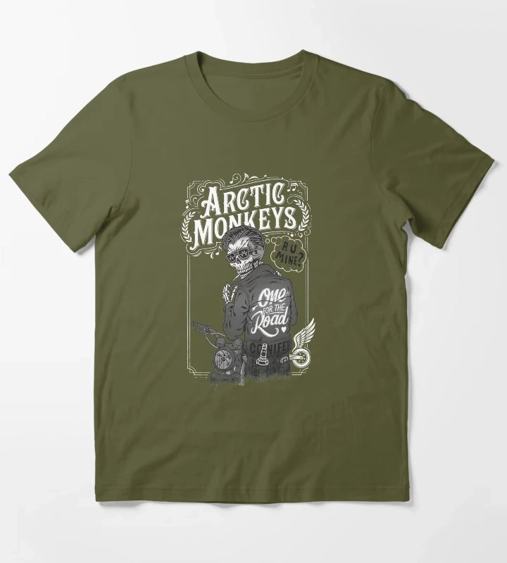 Skeleton Biker Rock Band Song Quotes T-Shirt Olive Green