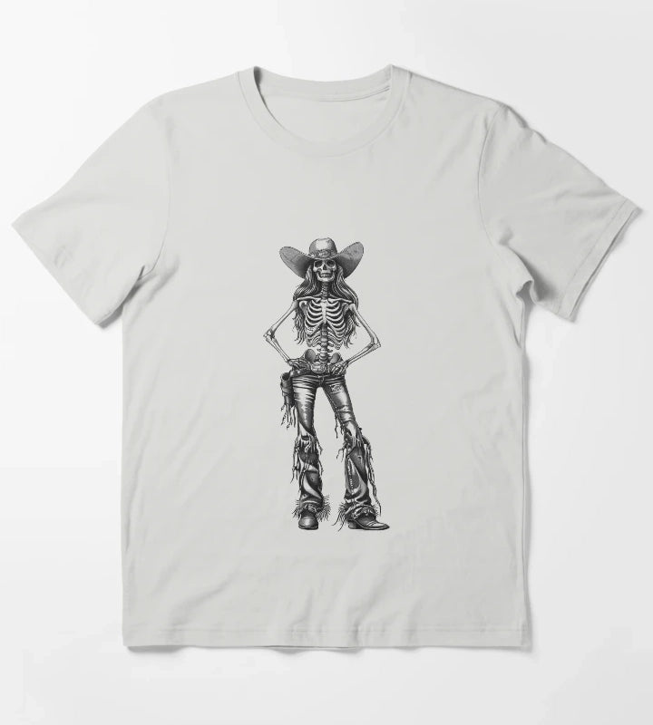 Skeleton Cowgirl Gothic Western Female Illustration in Black and White T-Shirt Light Grey