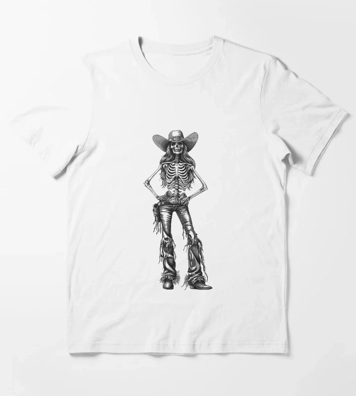 Skeleton Cowgirl Gothic Western Female Illustration in Black and White T-Shirt White
