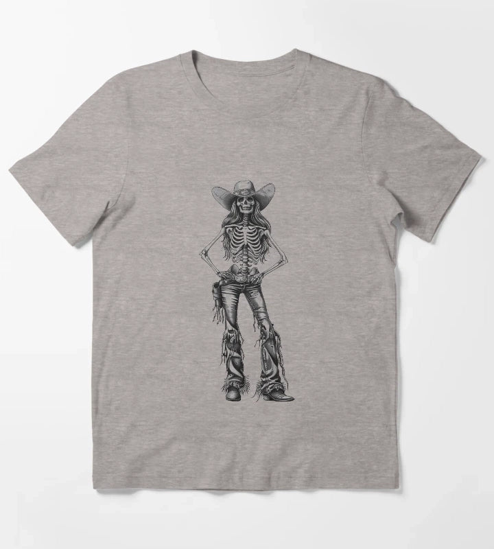 Skeleton Cowgirl Gothic Western Female Illustration in Black and White T-Shirt Heather Grey