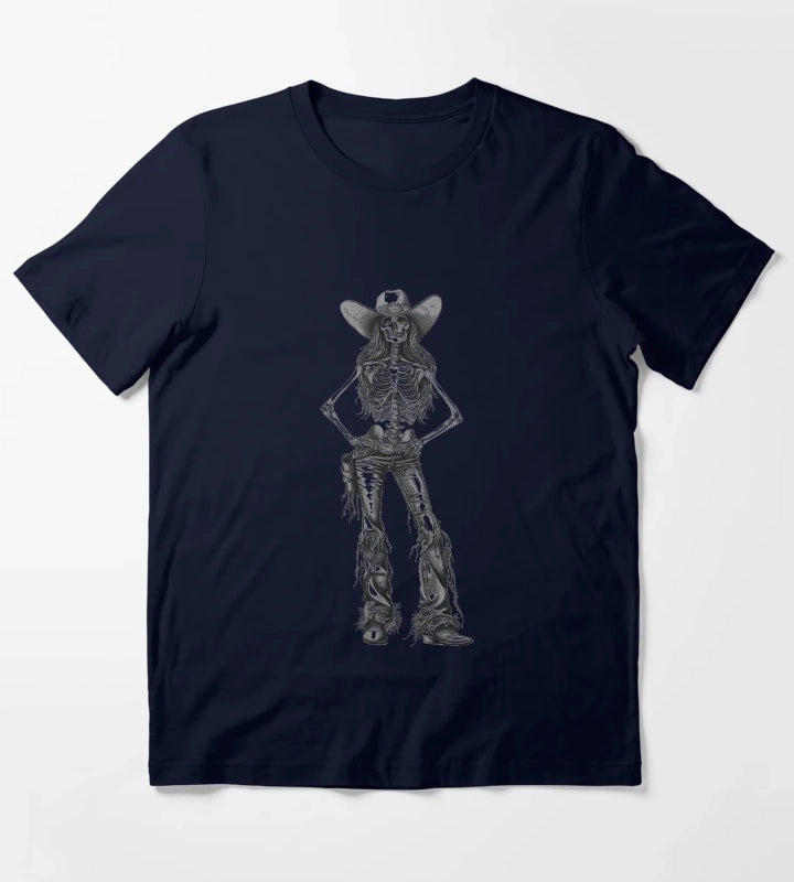 Skeleton Cowgirl Gothic Western Female Illustration in Black and White T-Shirt Navy
