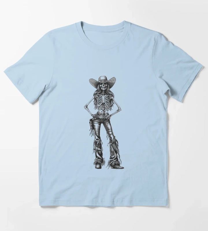 Skeleton Cowgirl Gothic Western Female Illustration in Black and White T-Shirt Sky Blue
