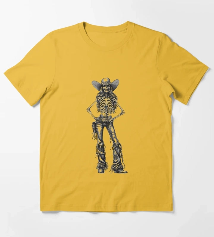 Skeleton Cowgirl Gothic Western Female Illustration in Black and White T-Shirt Yellow