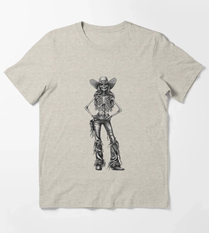 Skeleton Cowgirl Gothic Western Female Illustration in Black and White T-Shirt Cream