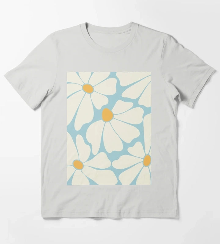 Sky Blue Retro Daisy Pattern T-Shirt Light Grey