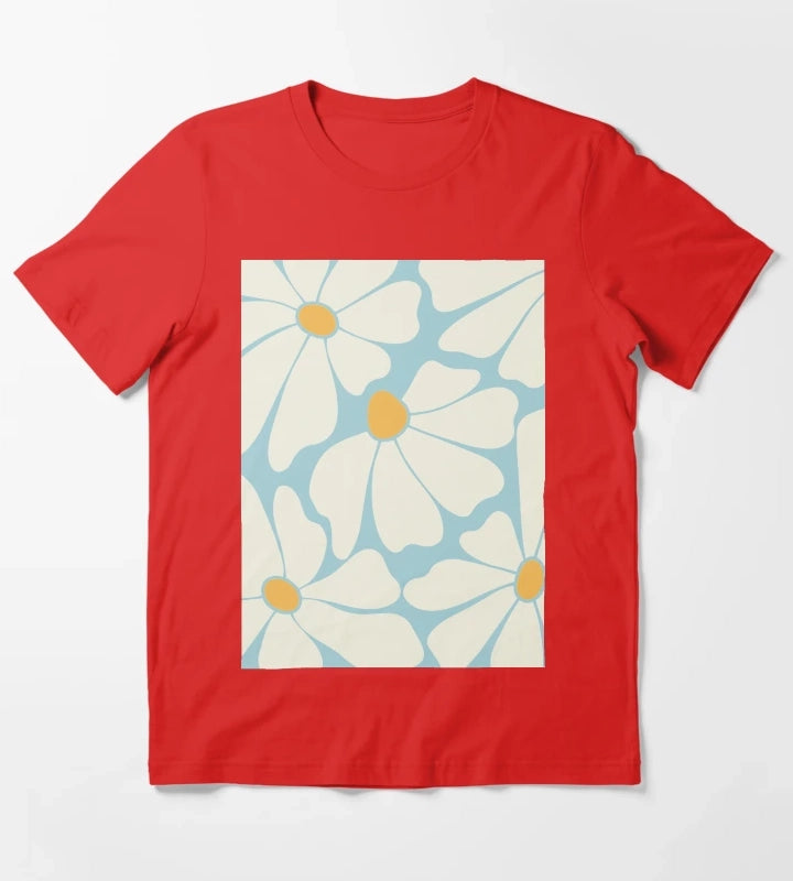 Sky Blue Retro Daisy Pattern T-Shirt Red