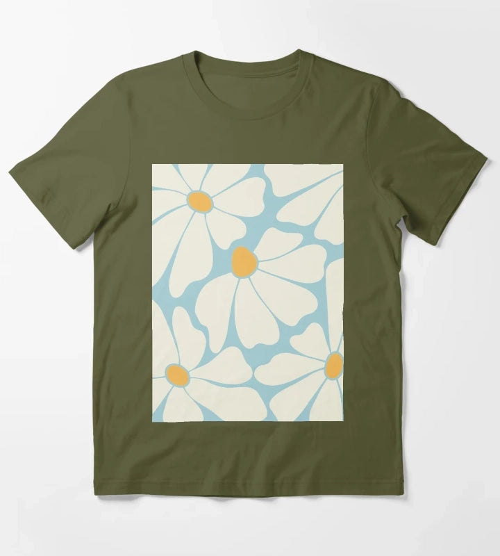 Sky Blue Retro Daisy Pattern T-Shirt Olive Green