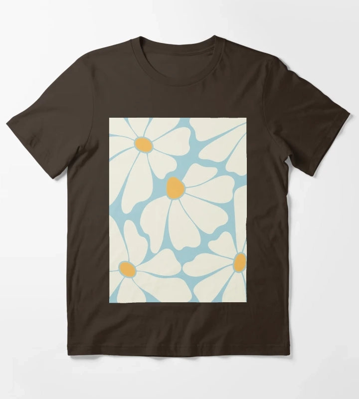 Sky Blue Retro Daisy Pattern T-Shirt Brown