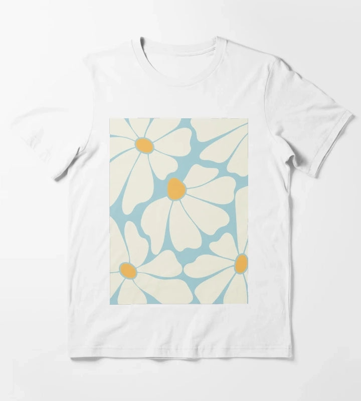 Sky Blue Retro Daisy Pattern T-Shirt White