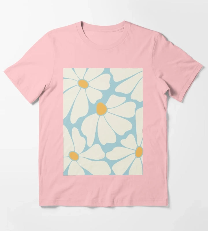 Sky Blue Retro Daisy Pattern T-Shirt Dark Grey