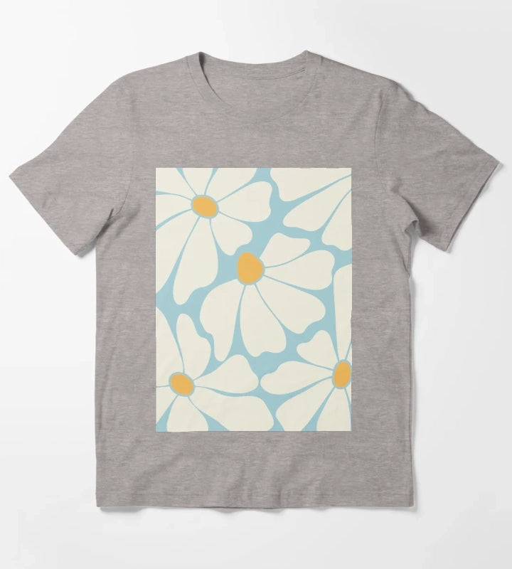 Sky Blue Retro Daisy Pattern T-Shirt Heather Grey