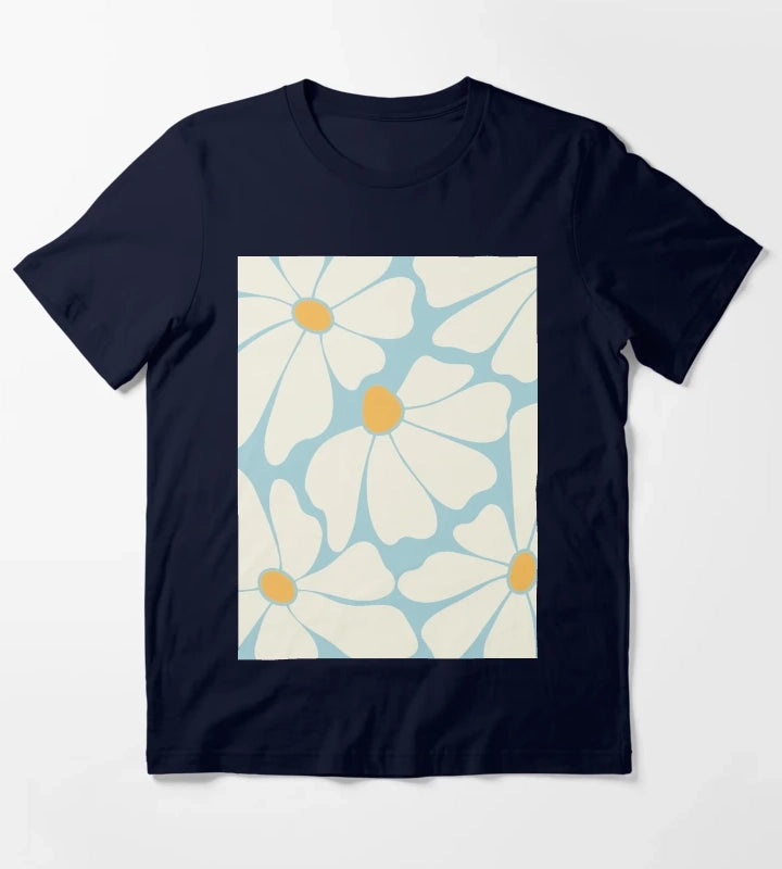 Sky Blue Retro Daisy Pattern T-Shirt Navy
