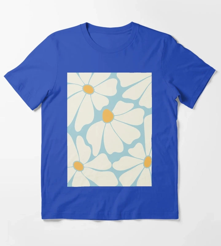 Sky Blue Retro Daisy Pattern T-Shirt Blue