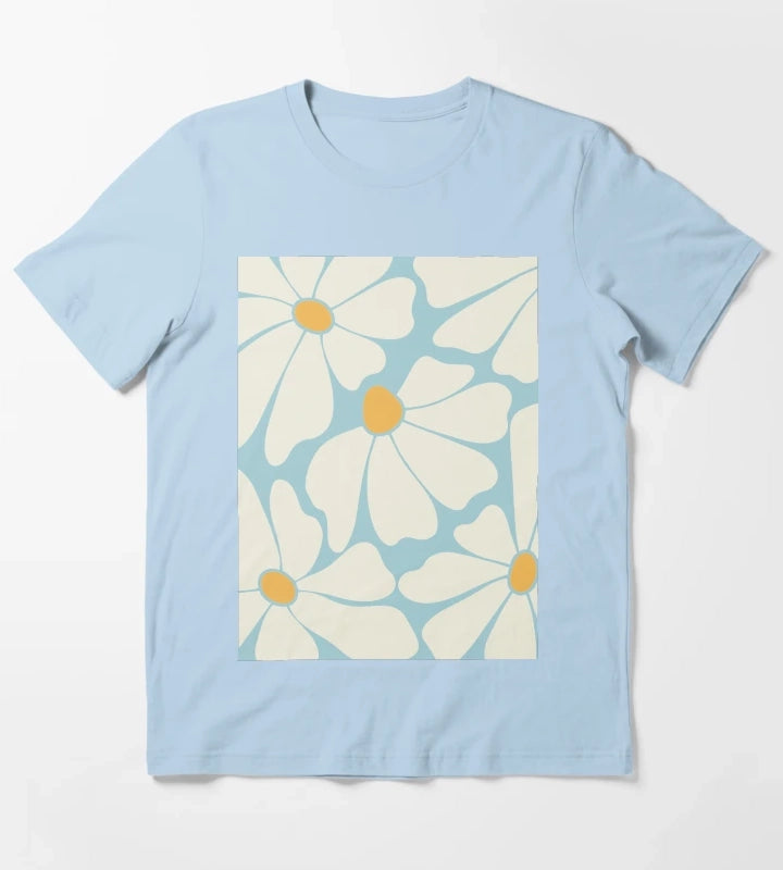 Sky Blue Retro Daisy Pattern T-Shirt Sky Blue