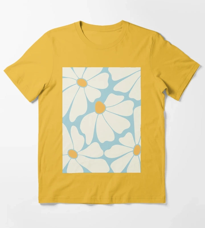 Sky Blue Retro Daisy Pattern T-Shirt Yellow