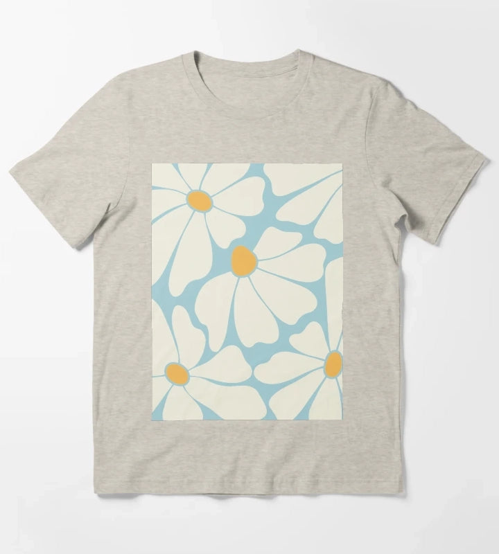 Sky Blue Retro Daisy Pattern T-Shirt Cream