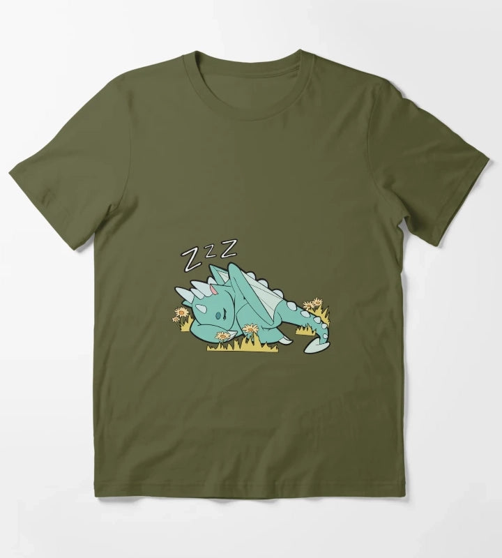 Sleeping Spark the Dragon Simple T-Shirt Olive Green