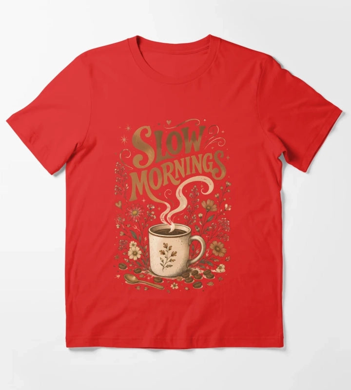 Slow Mornings Coffee Vintage Design T-Shirt Red