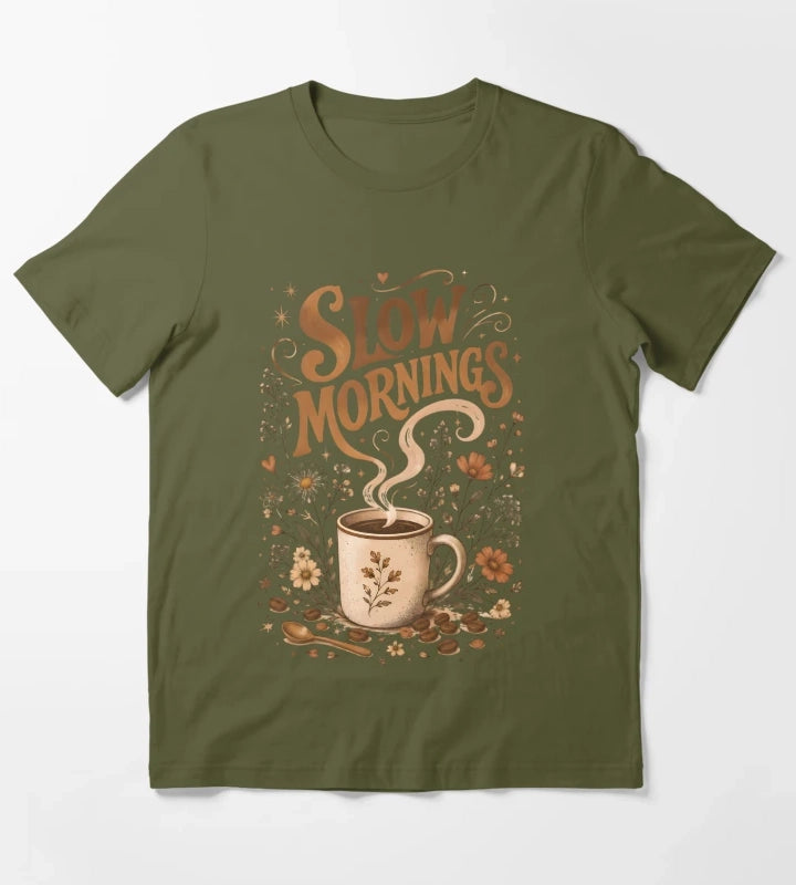 Slow Mornings Coffee Vintage Design T-Shirt Olive Green