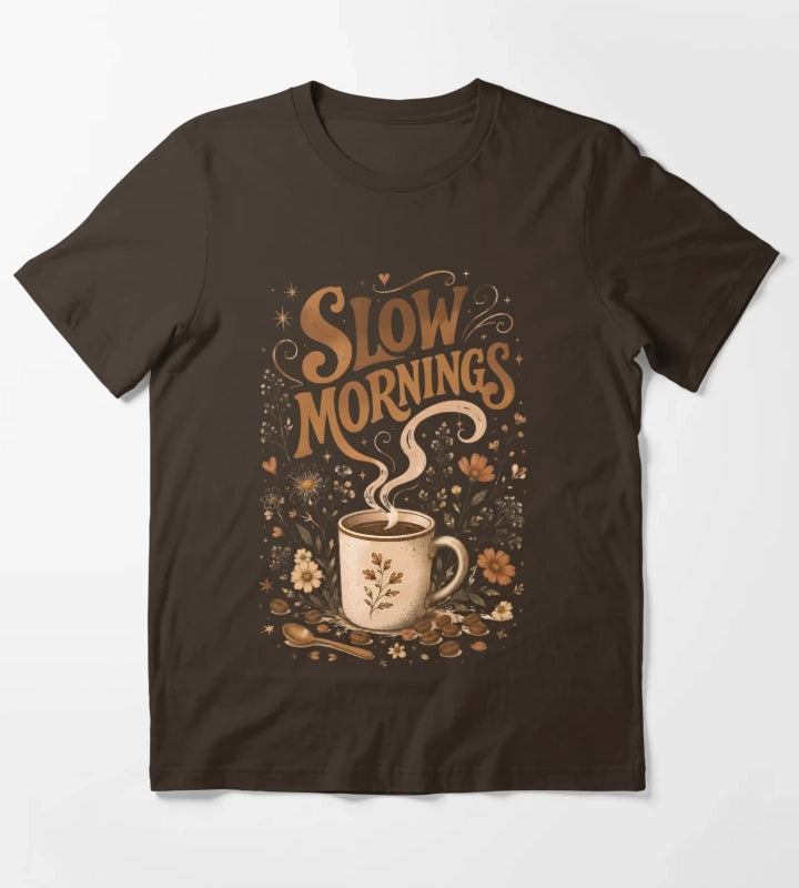 Slow Mornings Coffee Vintage Design T-Shirt Brown