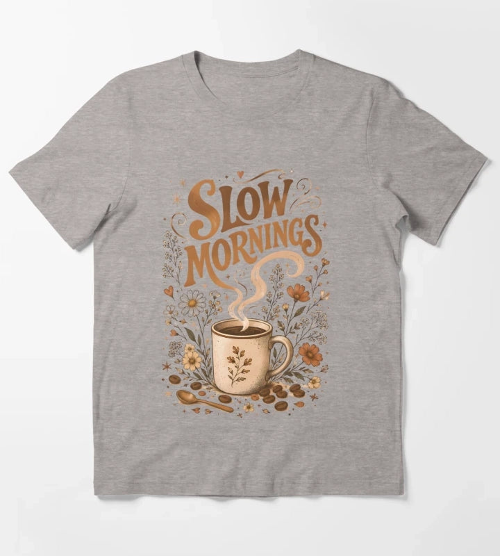 Slow Mornings Coffee Vintage Design T-Shirt Heather Grey