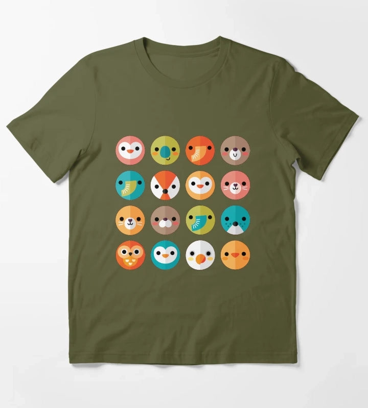Smiley Faces Cute Animal Faces T-Shirt Olive Green