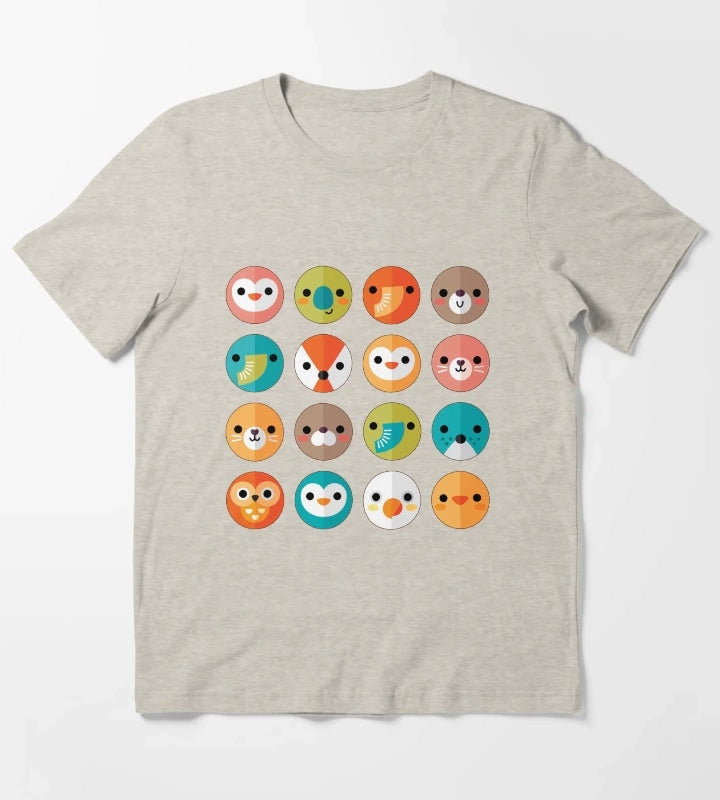 Smiley Faces Cute Animal Faces T-Shirt Cream