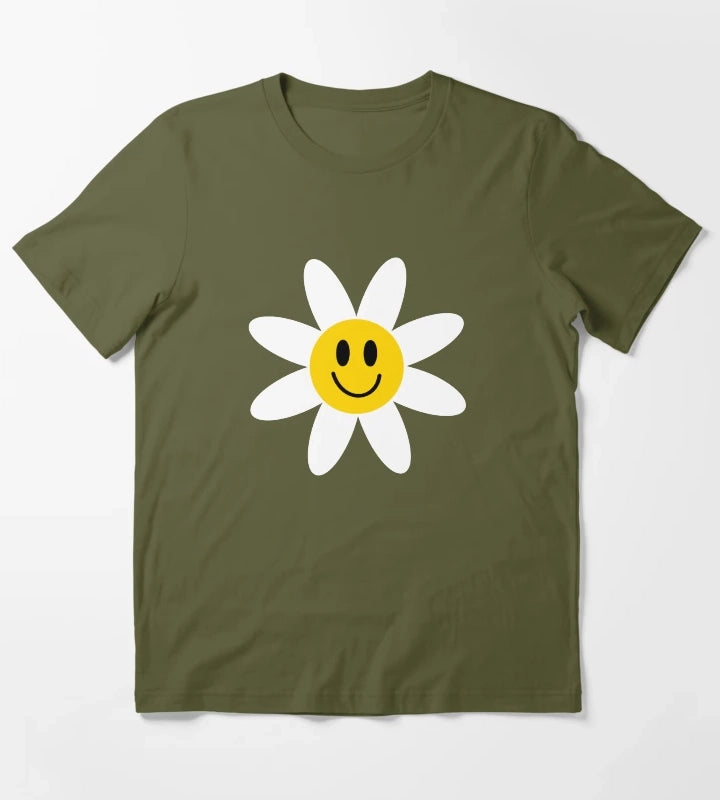 Smiling Daisies Black T-Shirt Olive Green