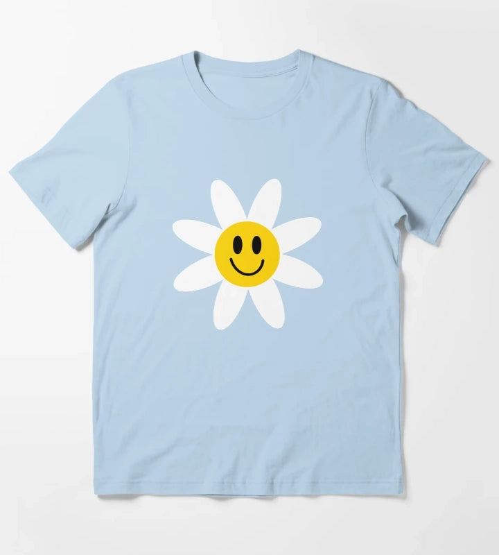 Smiling Daisies Black T-Shirt Sky Blue