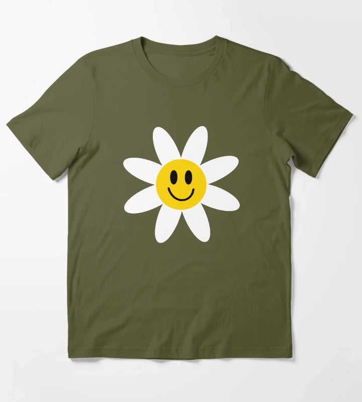 Smiling Daisies Blue T-Shirt Olive Green