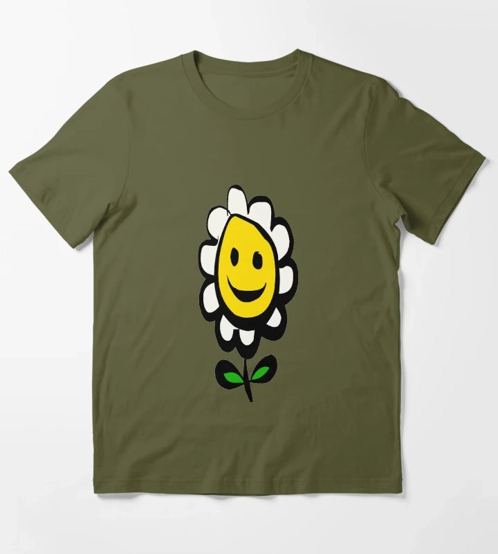 Smiling Daisy Flower T-Shirt Olive Green
