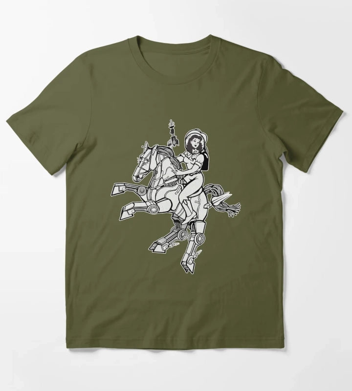 Space Cowgirl Rides Solo BW T-Shirt Olive Green
