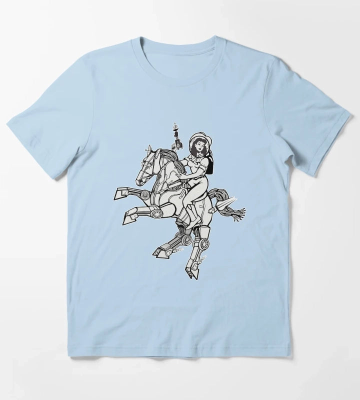 Space Cowgirl Rides Solo BW T-Shirt Sky Blue