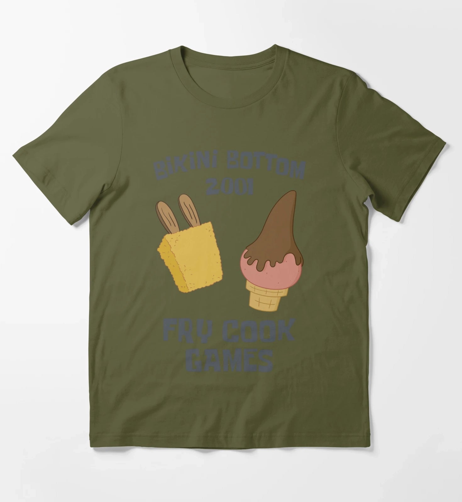 SpongeBob SquarePants Bikini Bottom 2001 Fry Cook Games T-Shirt Olive Green