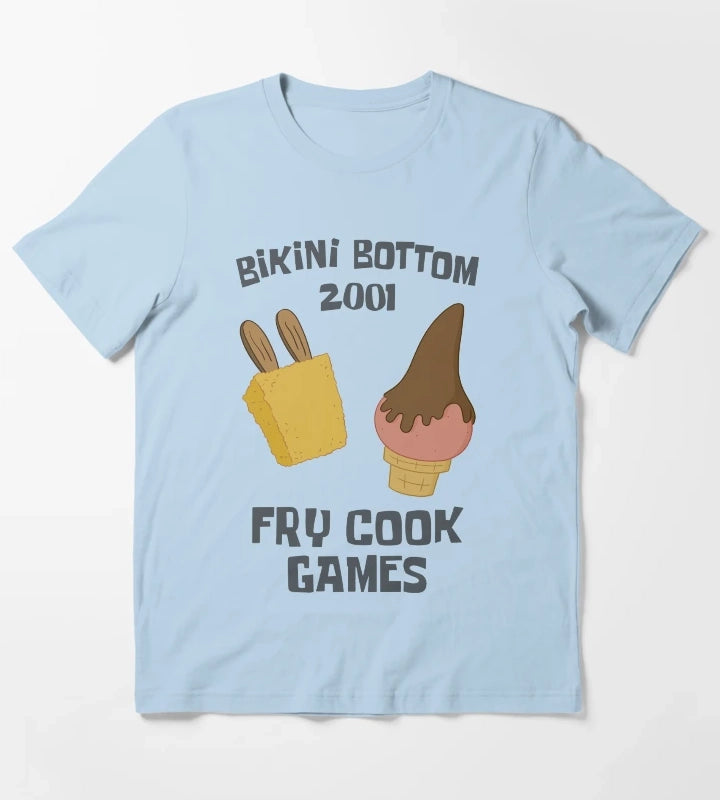 SpongeBob SquarePants Bikini Bottom 2001 Fry Cook Games T-Shirt Sky Blue