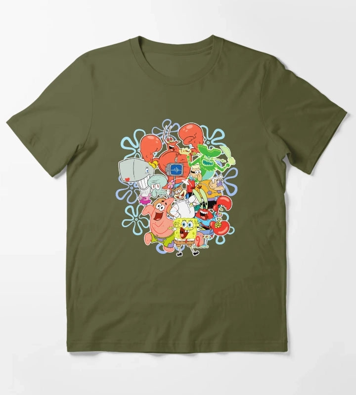 SpongeBob SquarePants Group Shot Gangs All Here T-Shirt Olive Green
