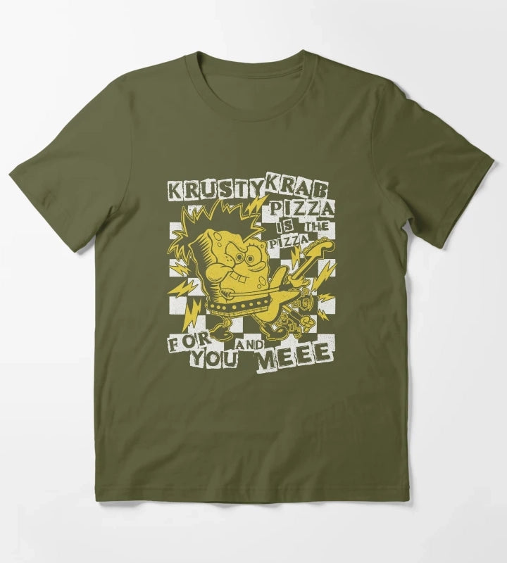 SpongeBob SquarePants Punk Bob Krusty Krab Pizza T-Shirt Olive Green