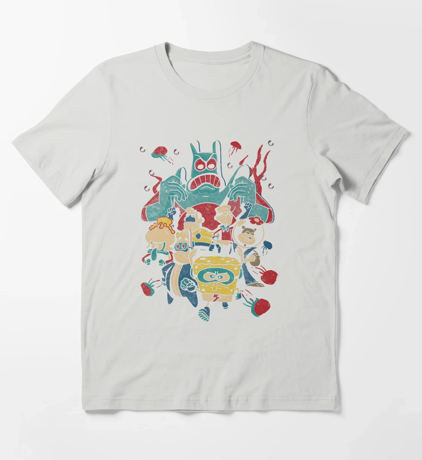 SpongeBob SquarePants Retro Superhero Group Poster T-Shirt Light Grey