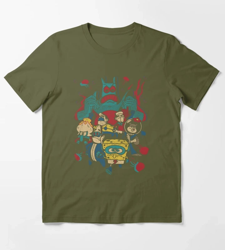 SpongeBob SquarePants Retro Superhero Group Poster T-Shirt Olive Green