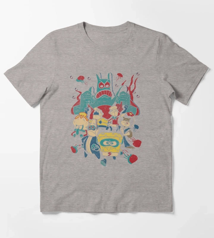 SpongeBob SquarePants Retro Superhero Group Poster T-Shirt Heather Grey