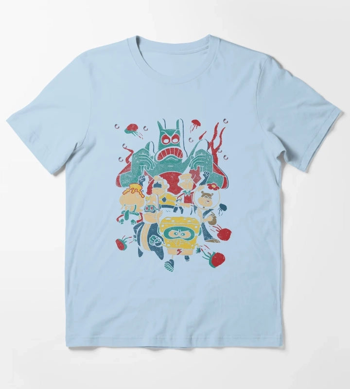 SpongeBob SquarePants Retro Superhero Group Poster T-Shirt Sky Blue