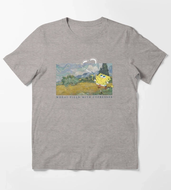SpongeBob SquarePants Wheat Field With Cypresses T-Shirt Heather Grey