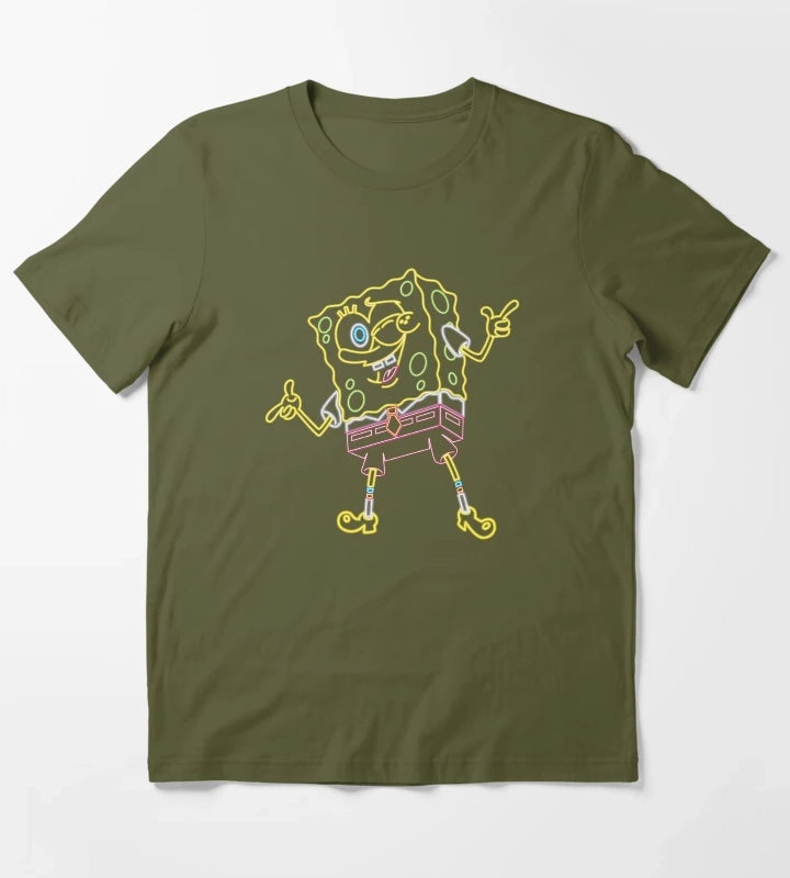 SpongeBob SquarePants Winking Neon Outline T-Shirt Olive Green