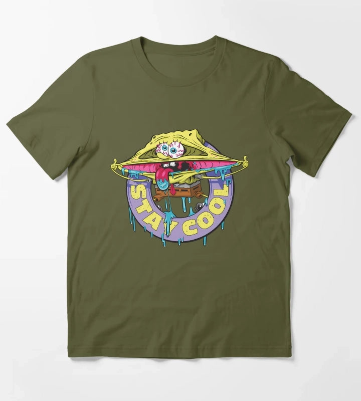 Spongebob Squarepants Stay Cool Drippy Logo T-Shirt Olive Green